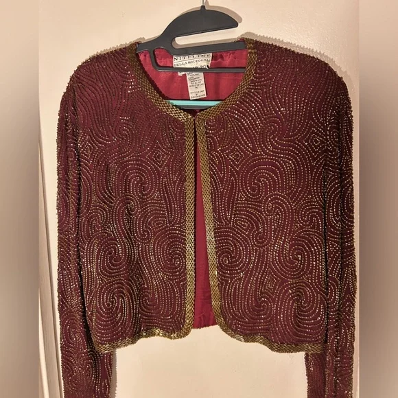 Niteline Della Roufogali SILK Wine/ Gold BEADED CROPPED EVENING JACKET! - Picture 2 of 15